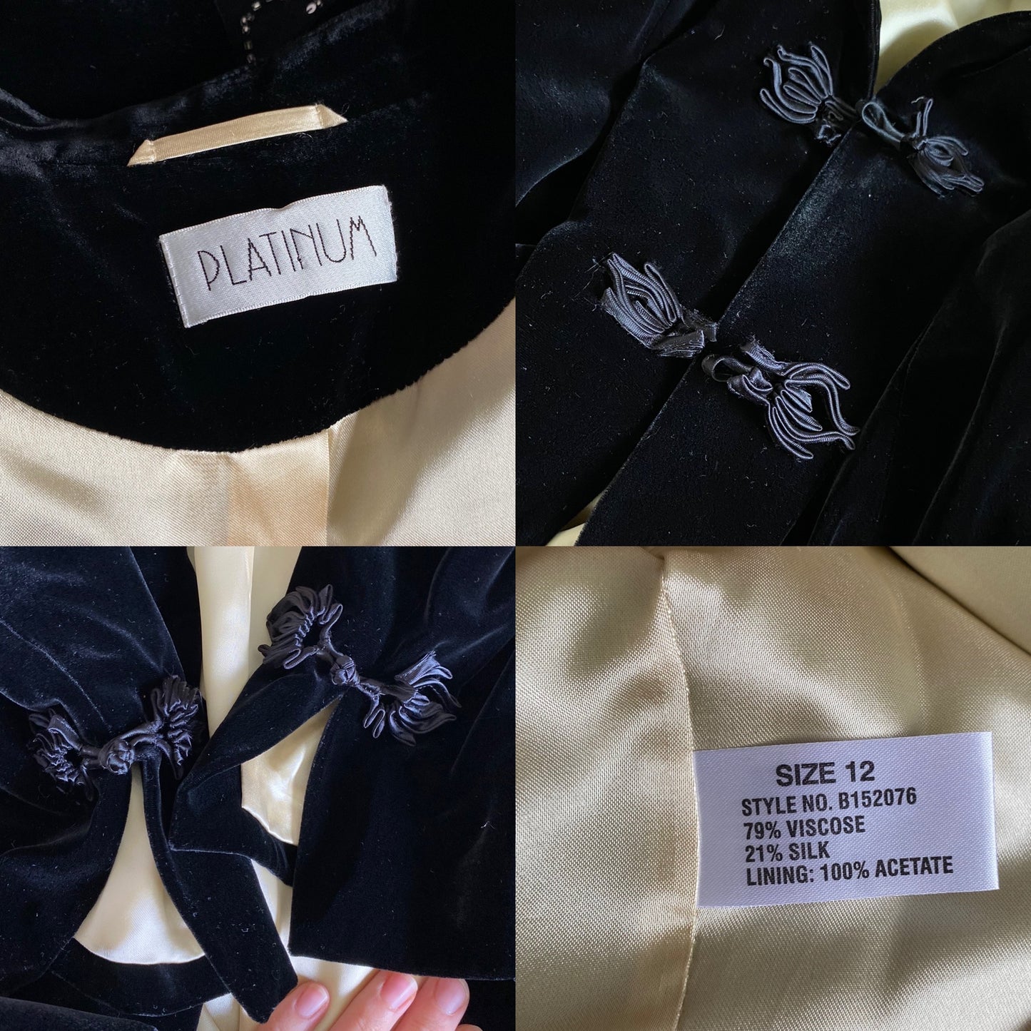 Black silk blend velvet long jacket UK 12