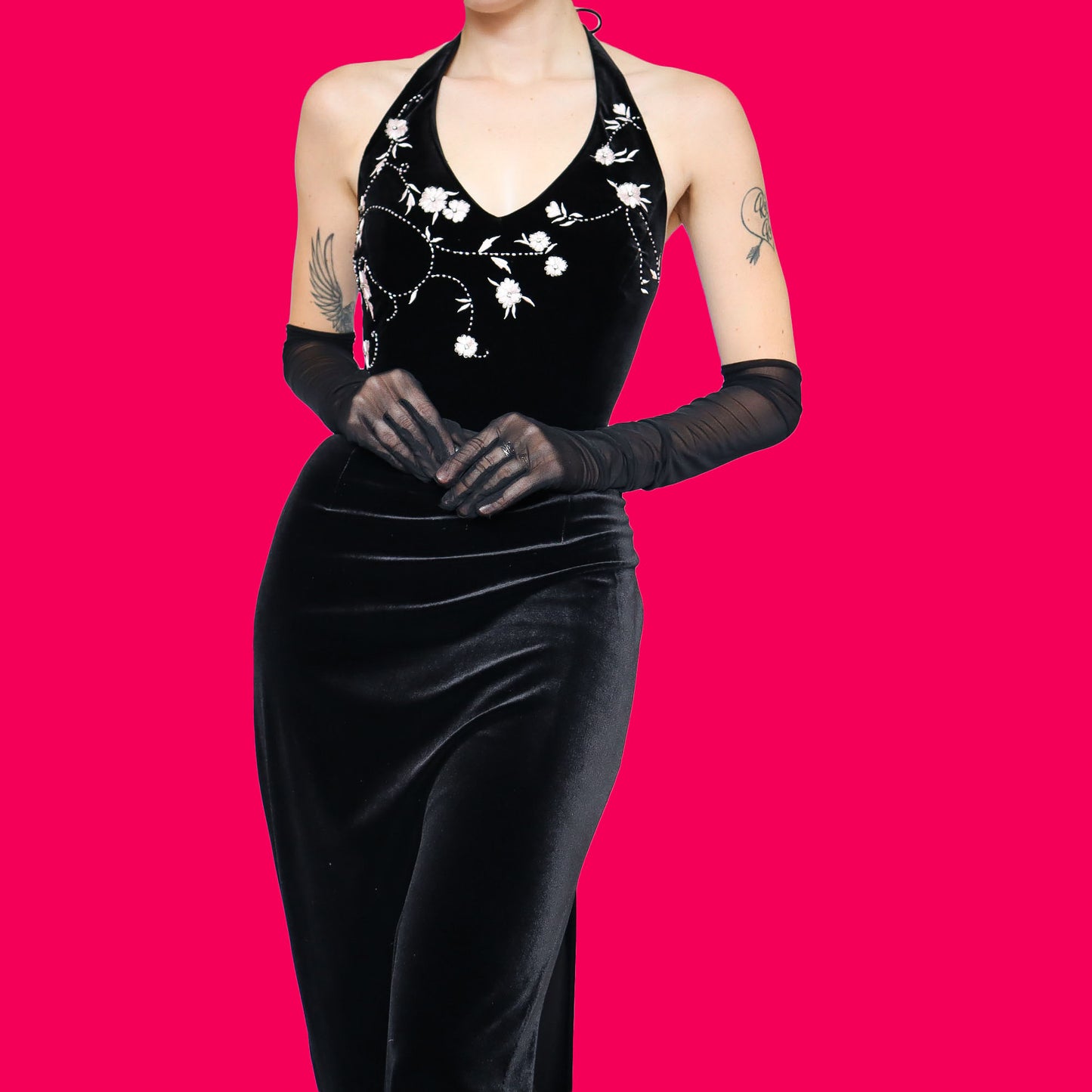 Black velvet halter neck evening dress UK 12