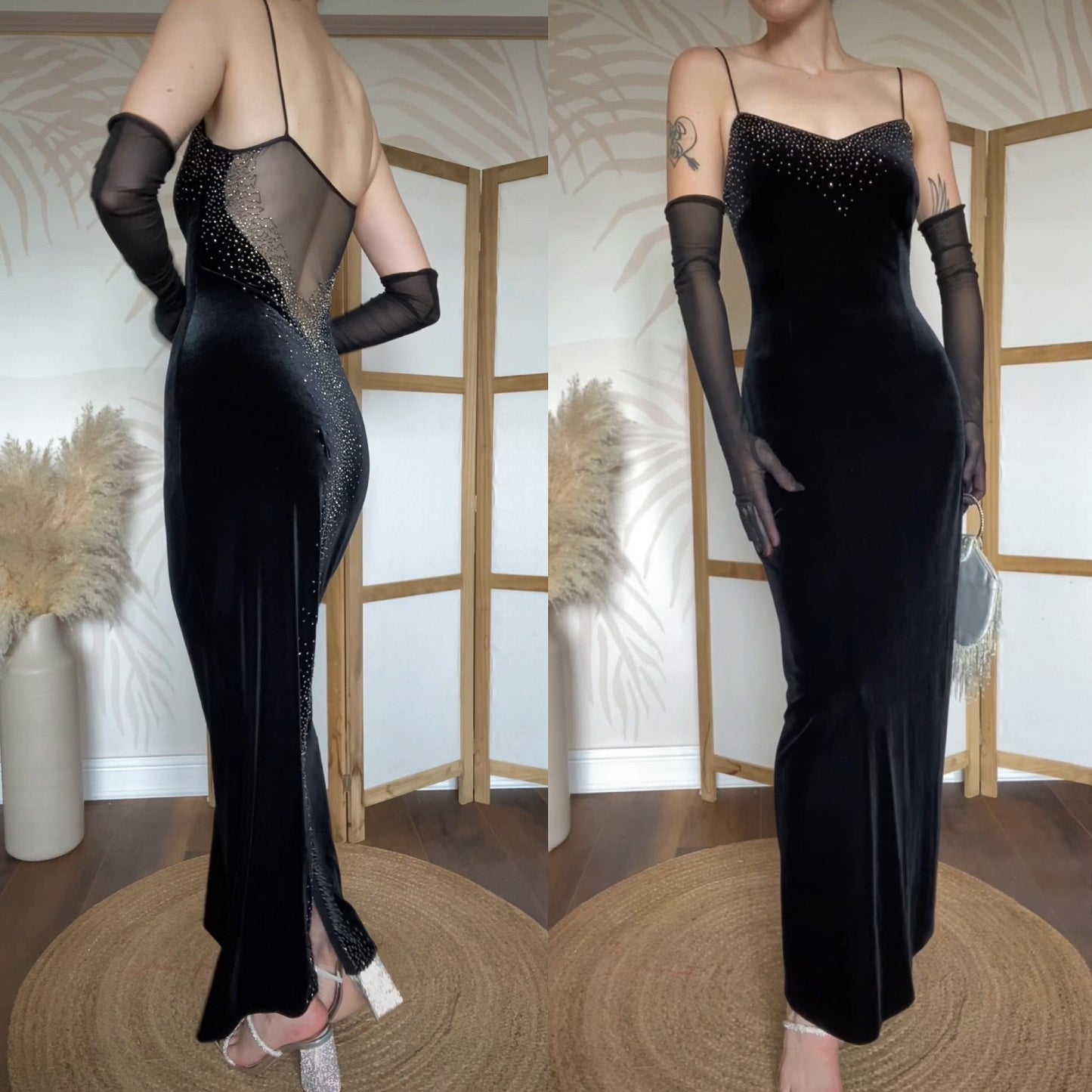 Dave & Johnny black velvet stretch beaded evening dress uk 10