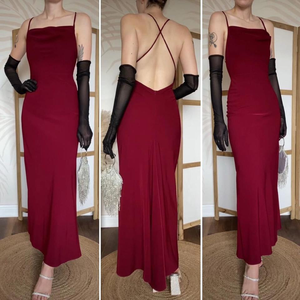 Dawn Stretton burgundy open back evening dress uk 8