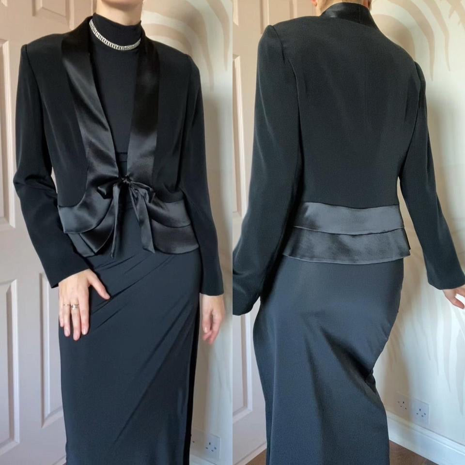 Black satin tie front evening jacket UK 10