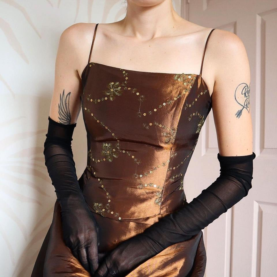 YVE London silky brown layered evening gown UK 12