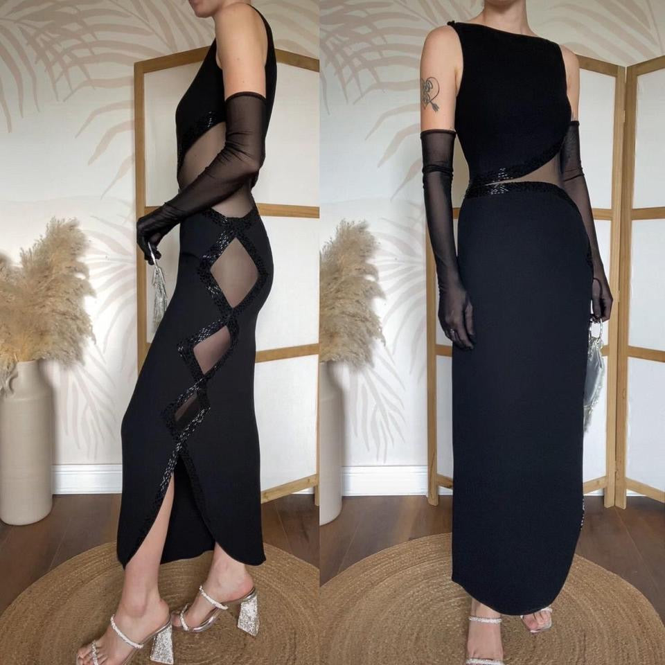 Frank Usher black sheer panelled evening dress uk 10