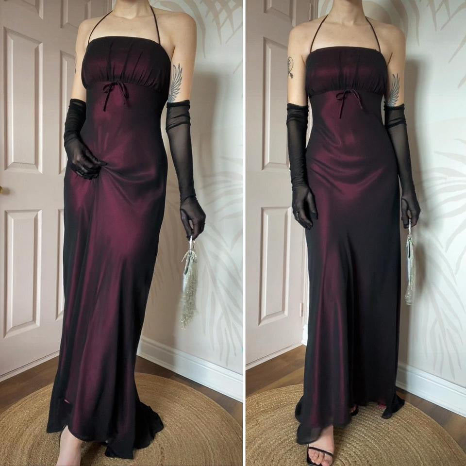 Pink & black halterneck evening dress UK 12