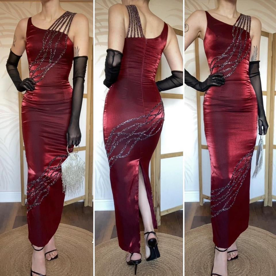 YVE London silky red beaded evening dress UK 6-8