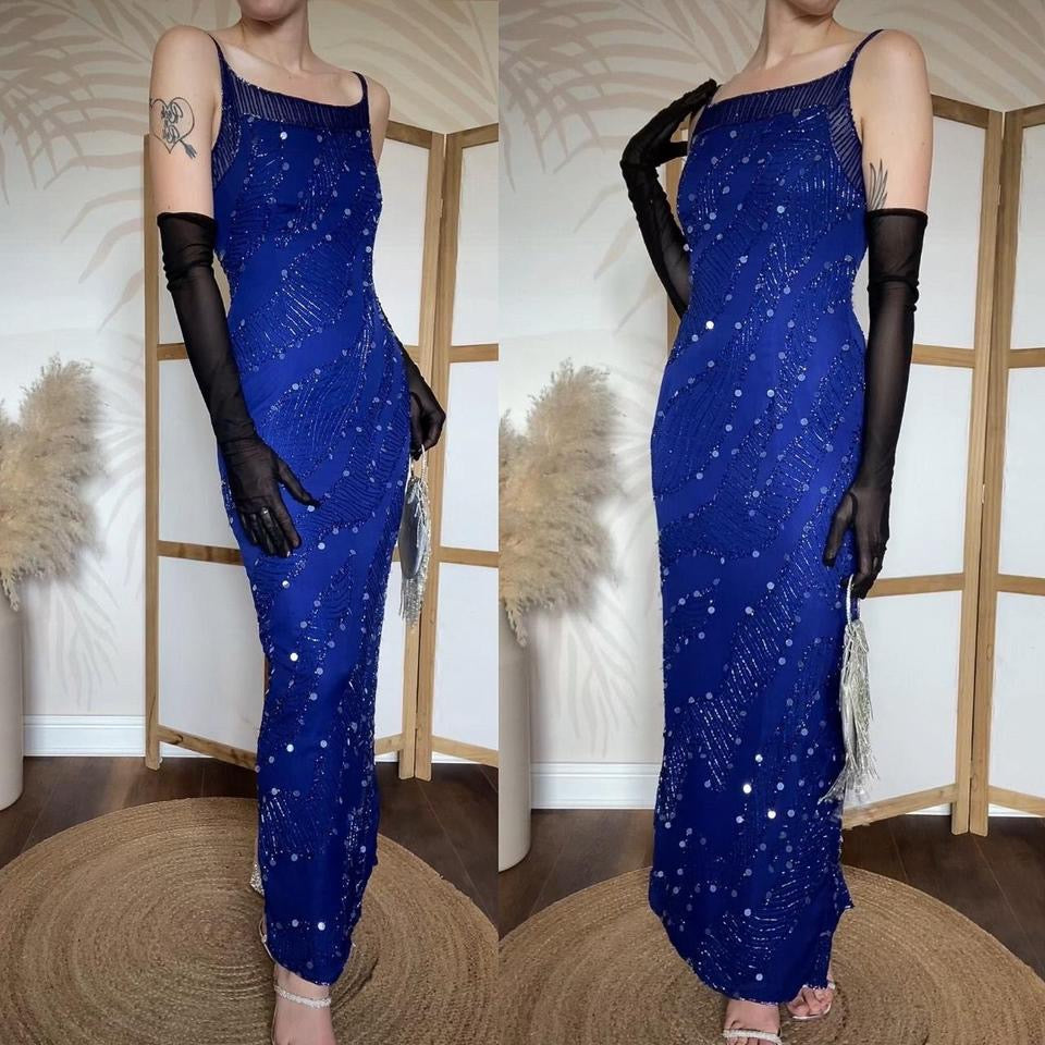 Electric blue 100% silk bead/sequin evening dress uk 8-10