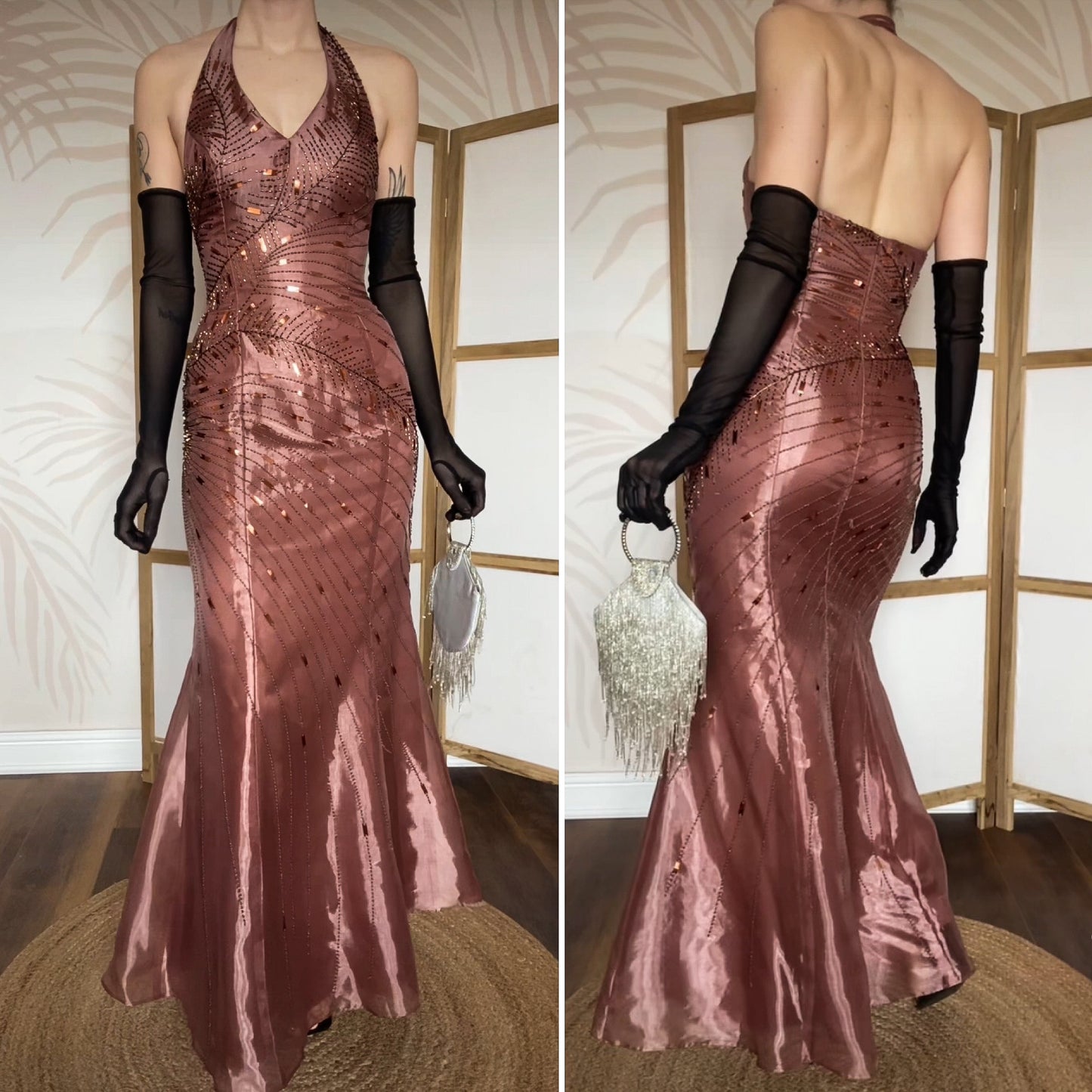 Yve London rose gold beaded halter evening dress UK 12