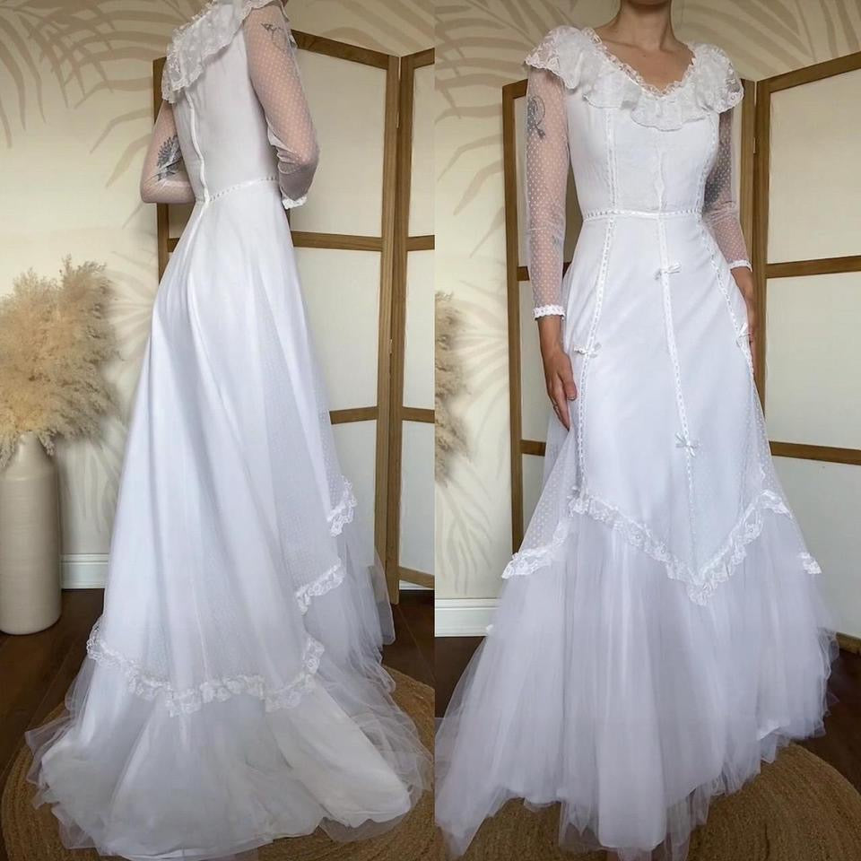 Vintage Ellis 70s white polka dot lace wedding dress uk 10-12