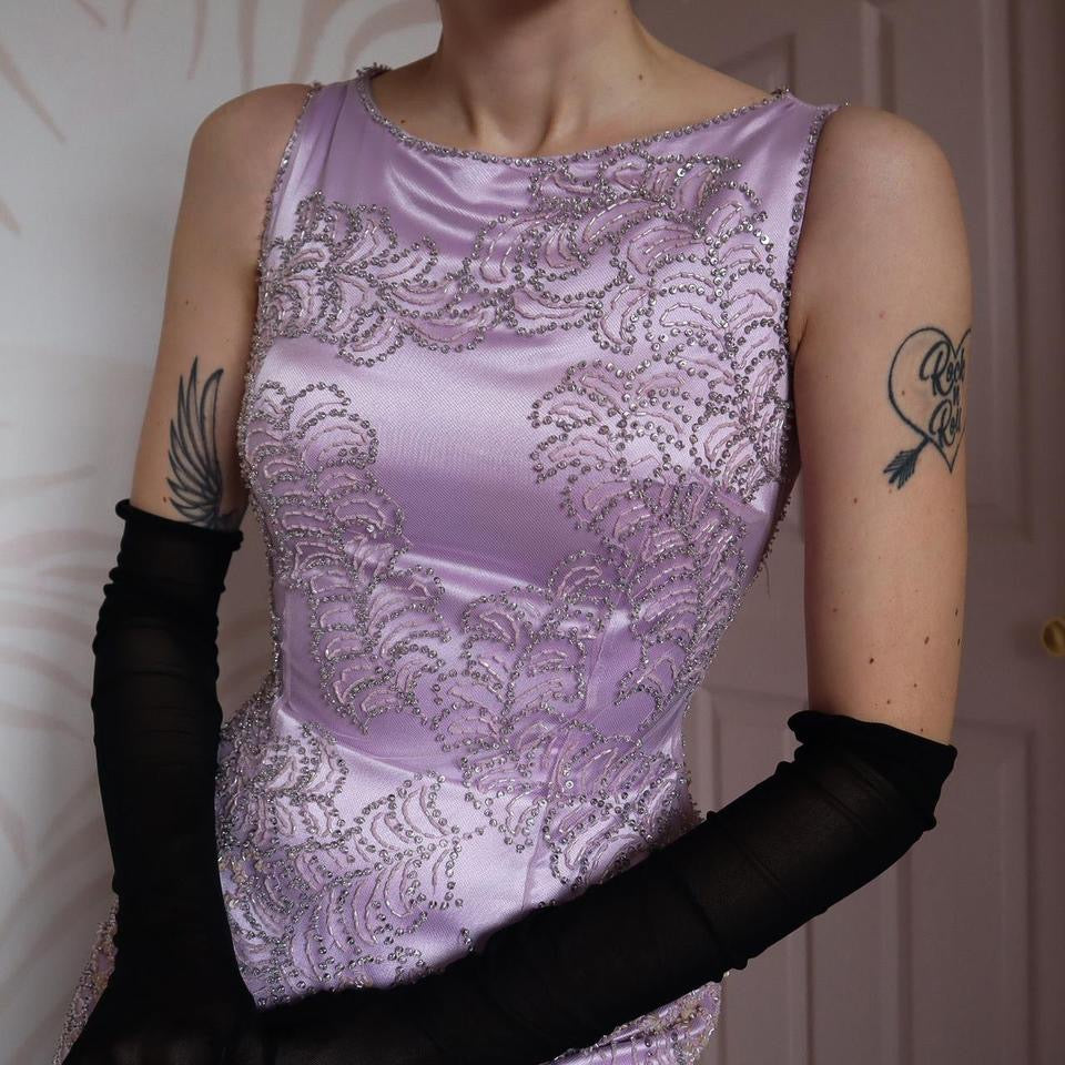 Lilac beaded Goya fishtail prom dress UK 10