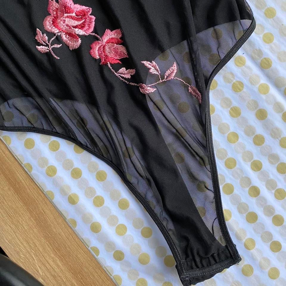 Black sheer floral bodysuit UK 36B