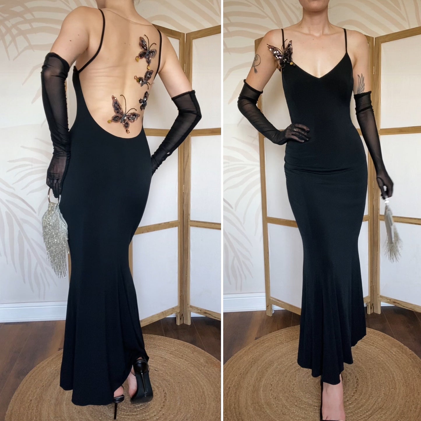 John Charles vintage y2k black butterfly evening gown UK 12 & 14