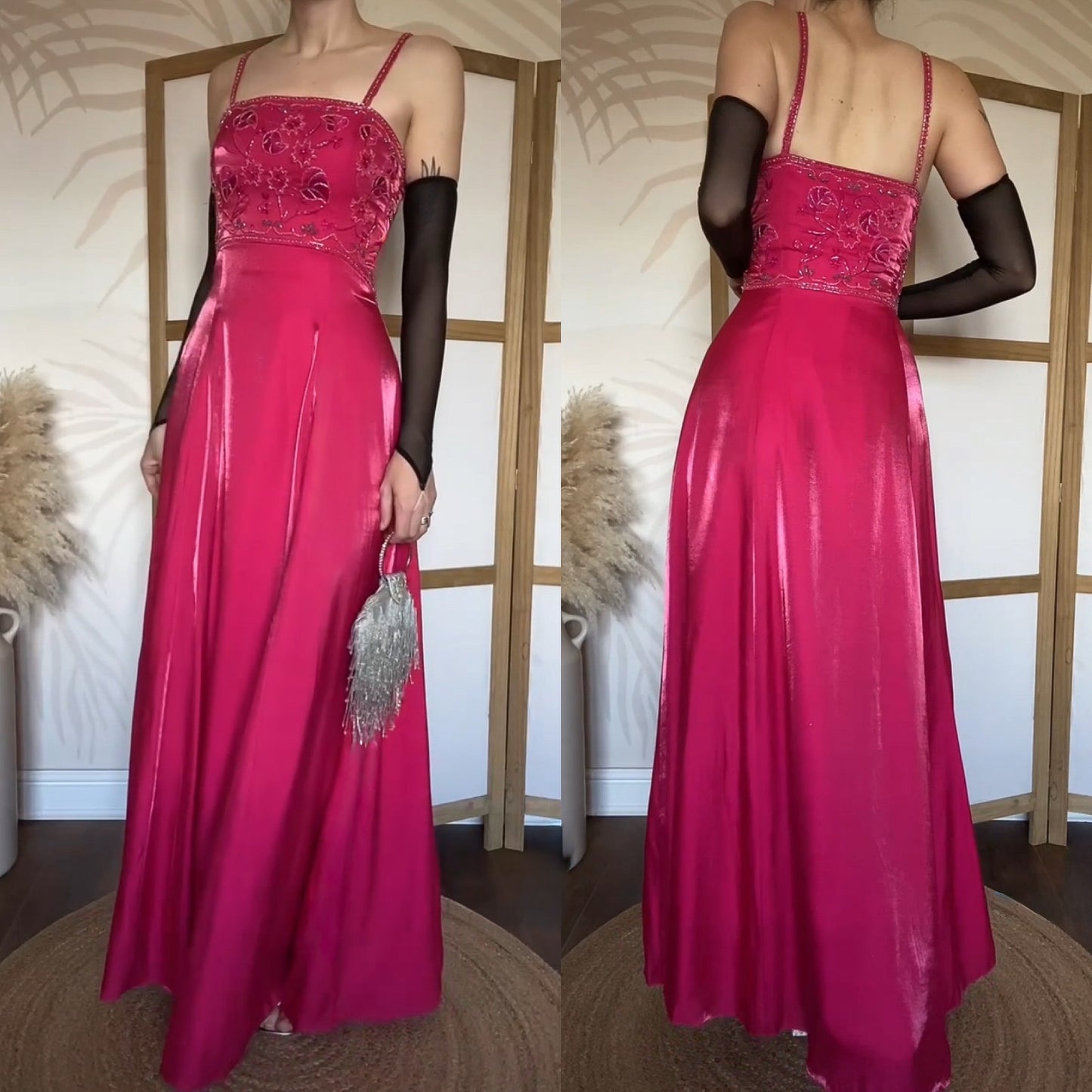 Fuchsia pink a-line beaded evening dress uk 12