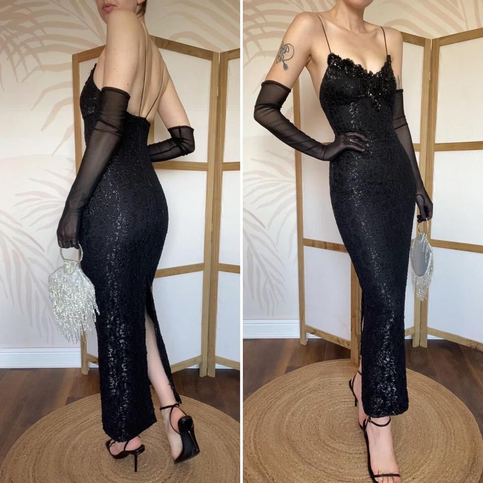 Bernshaw black lace stretch evening dress UK 8