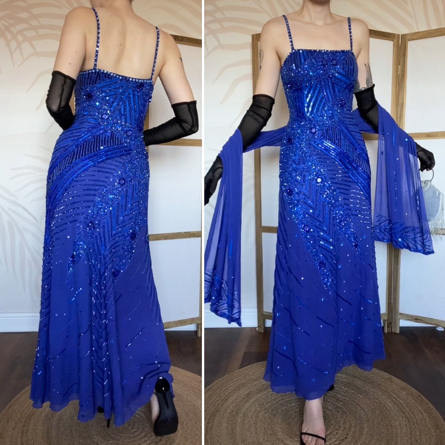 Frank Usher 100% silk beaded blue evening dress & shawl UK 12