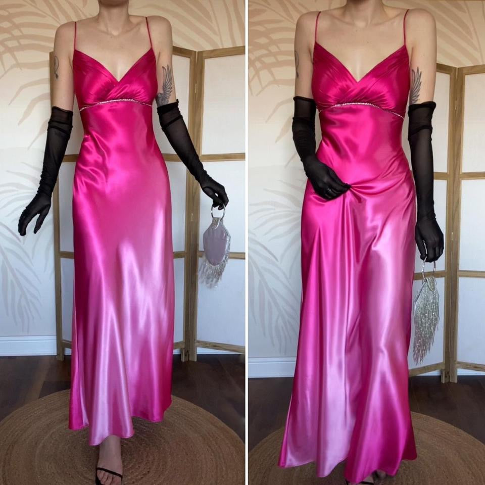 Silky pink ombré diamanté evening dress UK 14