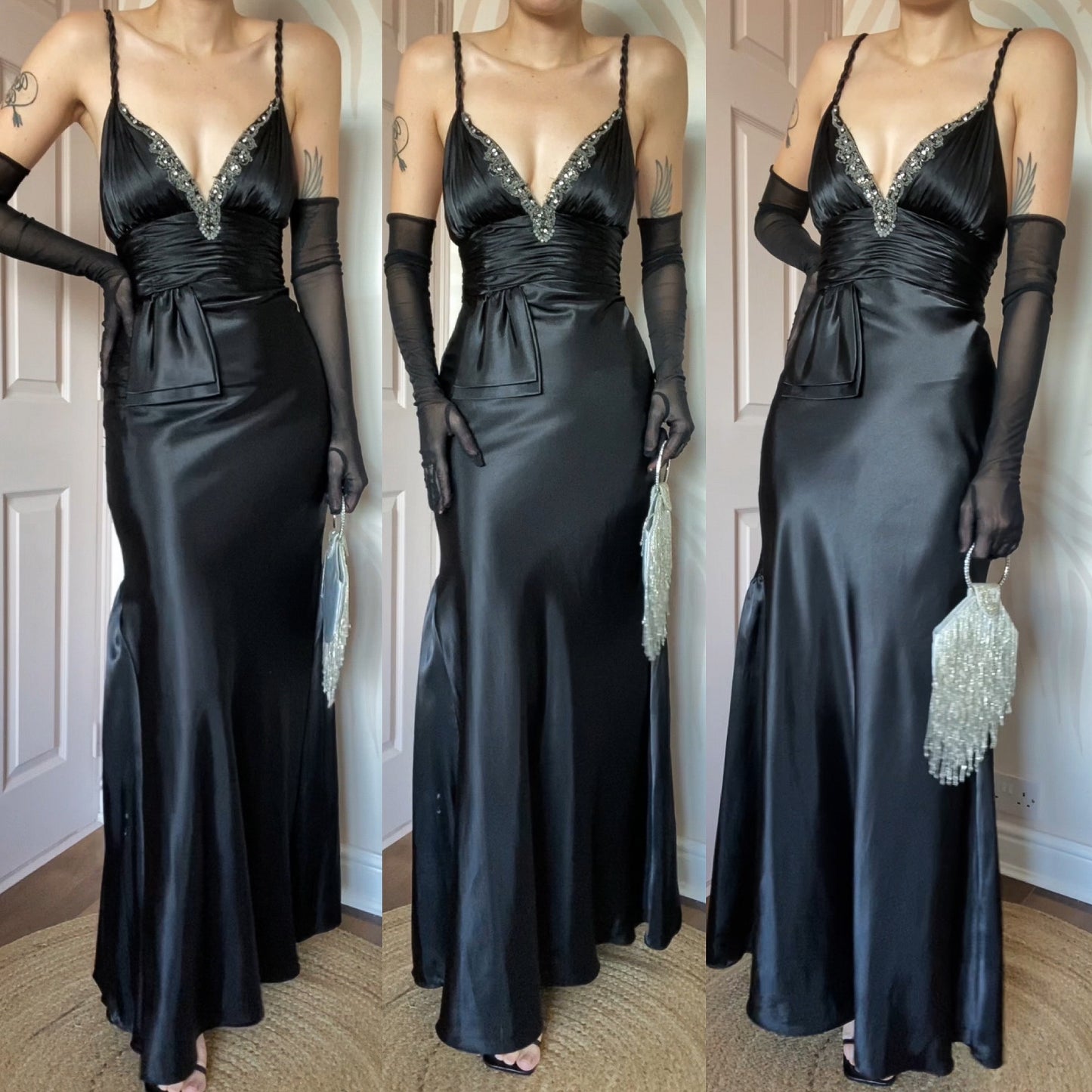 Dave & Johnny 90s Black Satin Evening Gown Prom Dress UK Size 8, 10 & 14