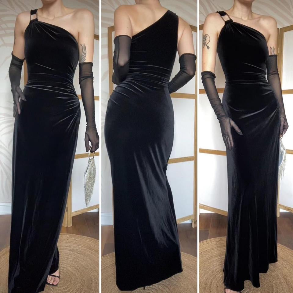 Laundry 90s black one shoulder velvet evening dress UK 14