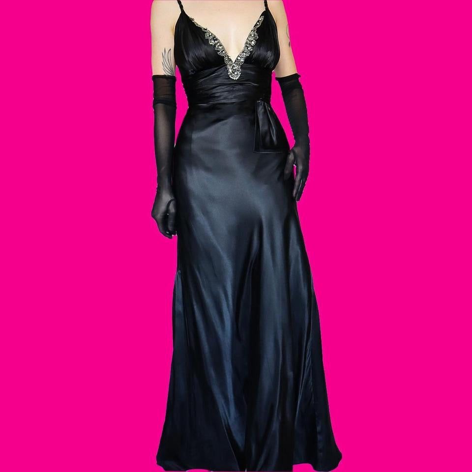 Dave & Johnny 90s Black Satin Evening Gown Prom Dress UK Size 8, 10 & 14