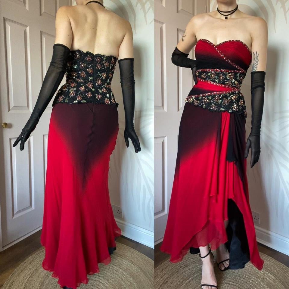 Red & black YVE London silk strapless gown UK 10