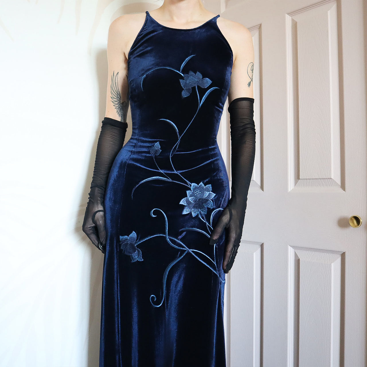 Vintage Gina Bacconi Blue Velvet evening Gown UK 14