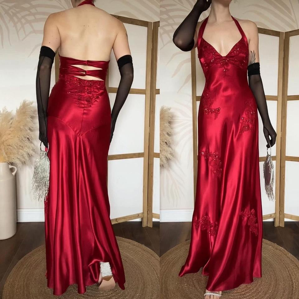 Niki Livas red satin halter-neck evening dress uk 12