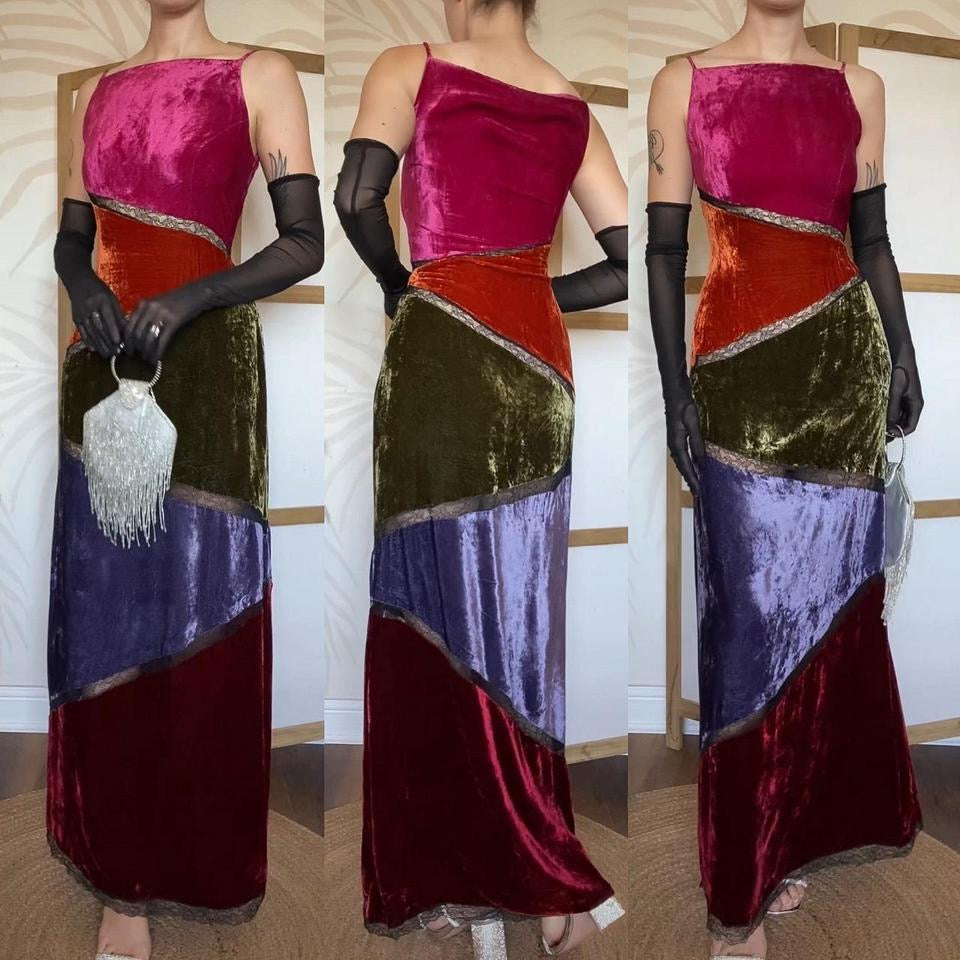 Velvet silk blend panelled evening dress uk 12