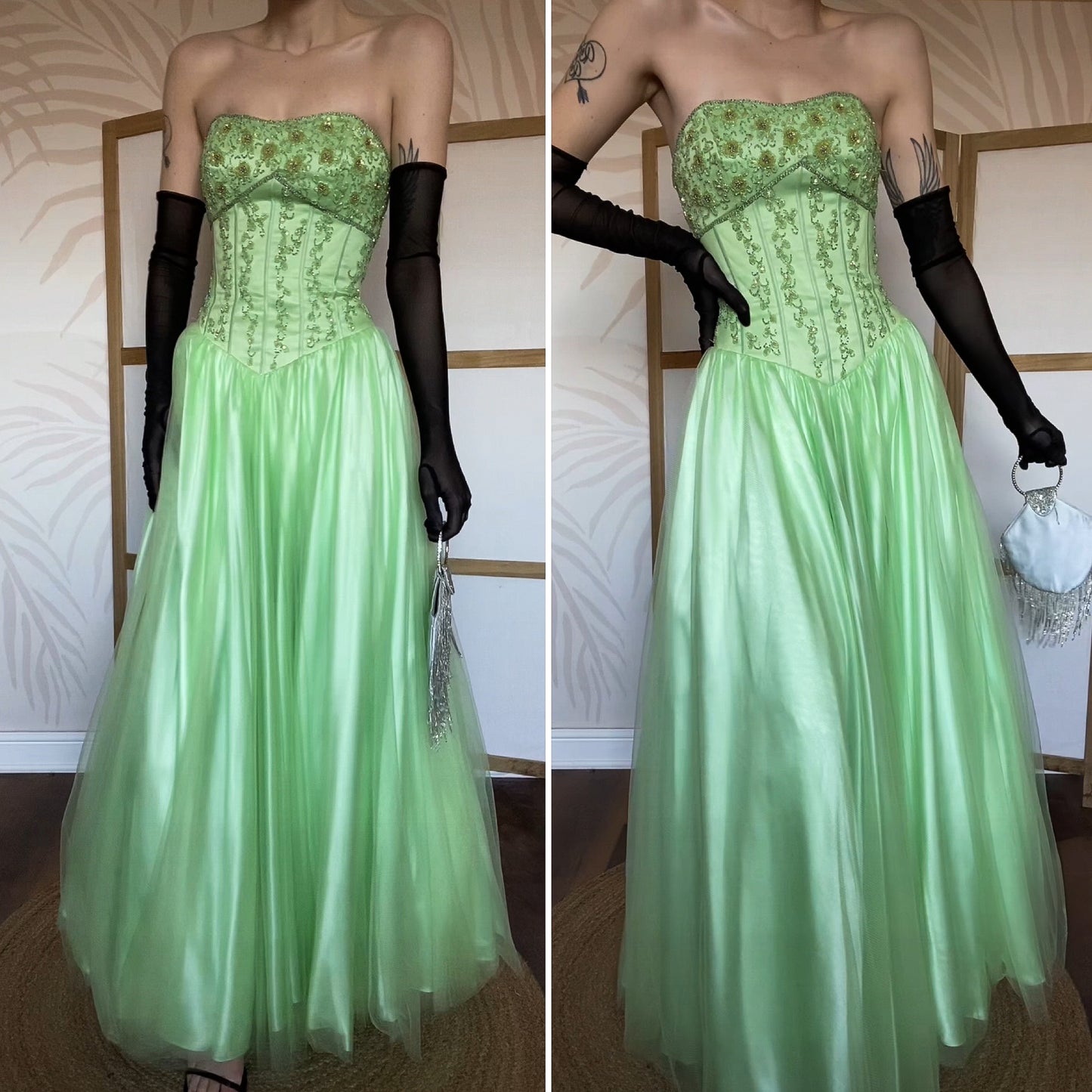 Bright green Tiffany Bling strapless a-line beaded prom dress UK 8