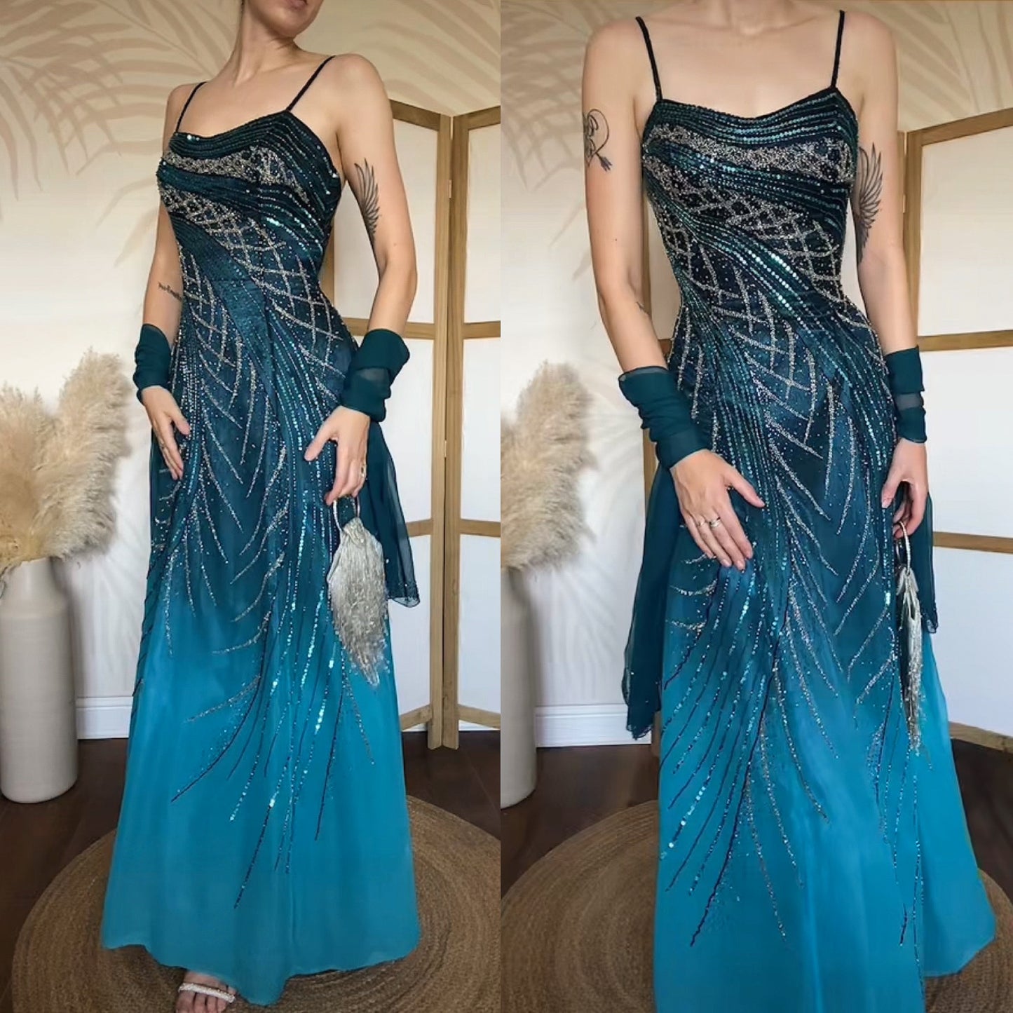 Teal Goya bead & sequin a-line prom dress uk 12