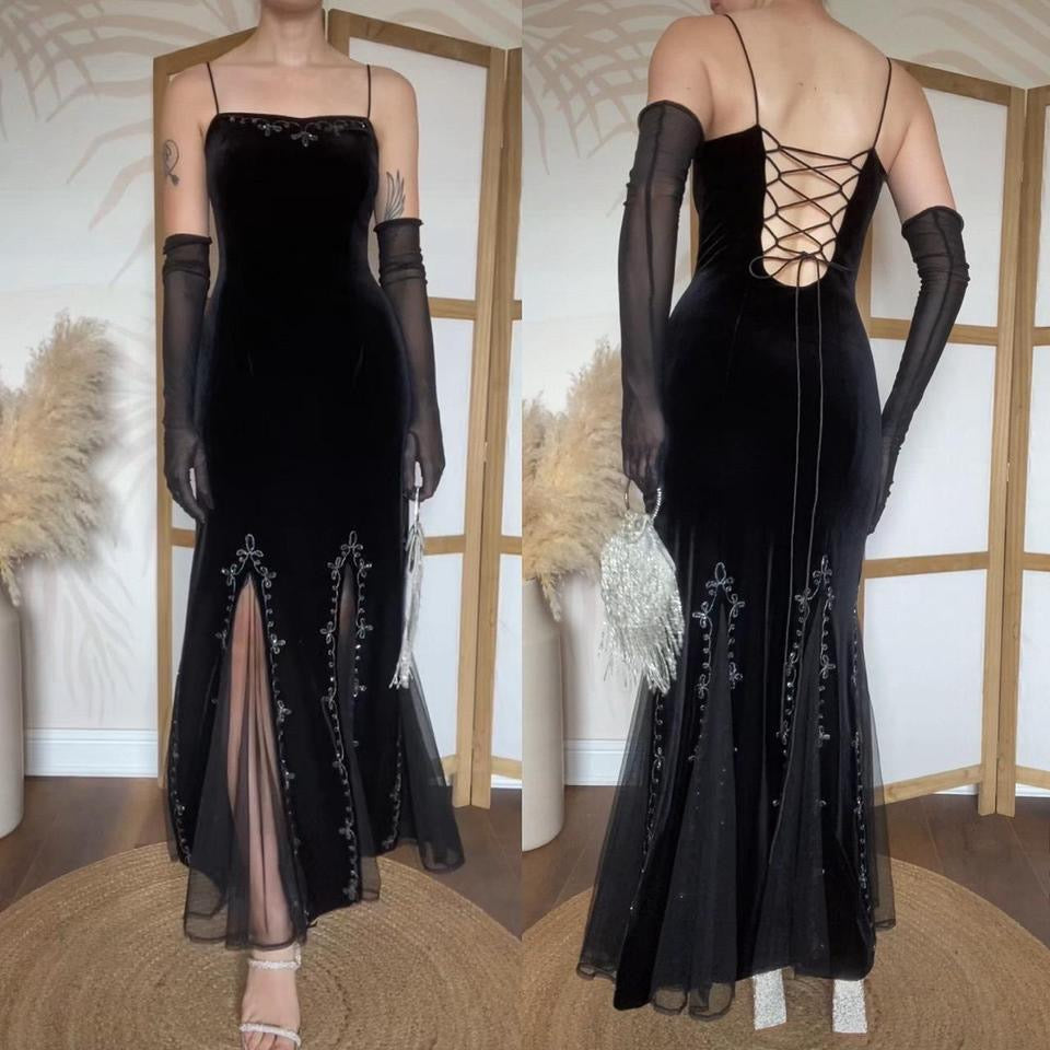 Black velvet stretch 90s flared hem evening dress uk 10/12