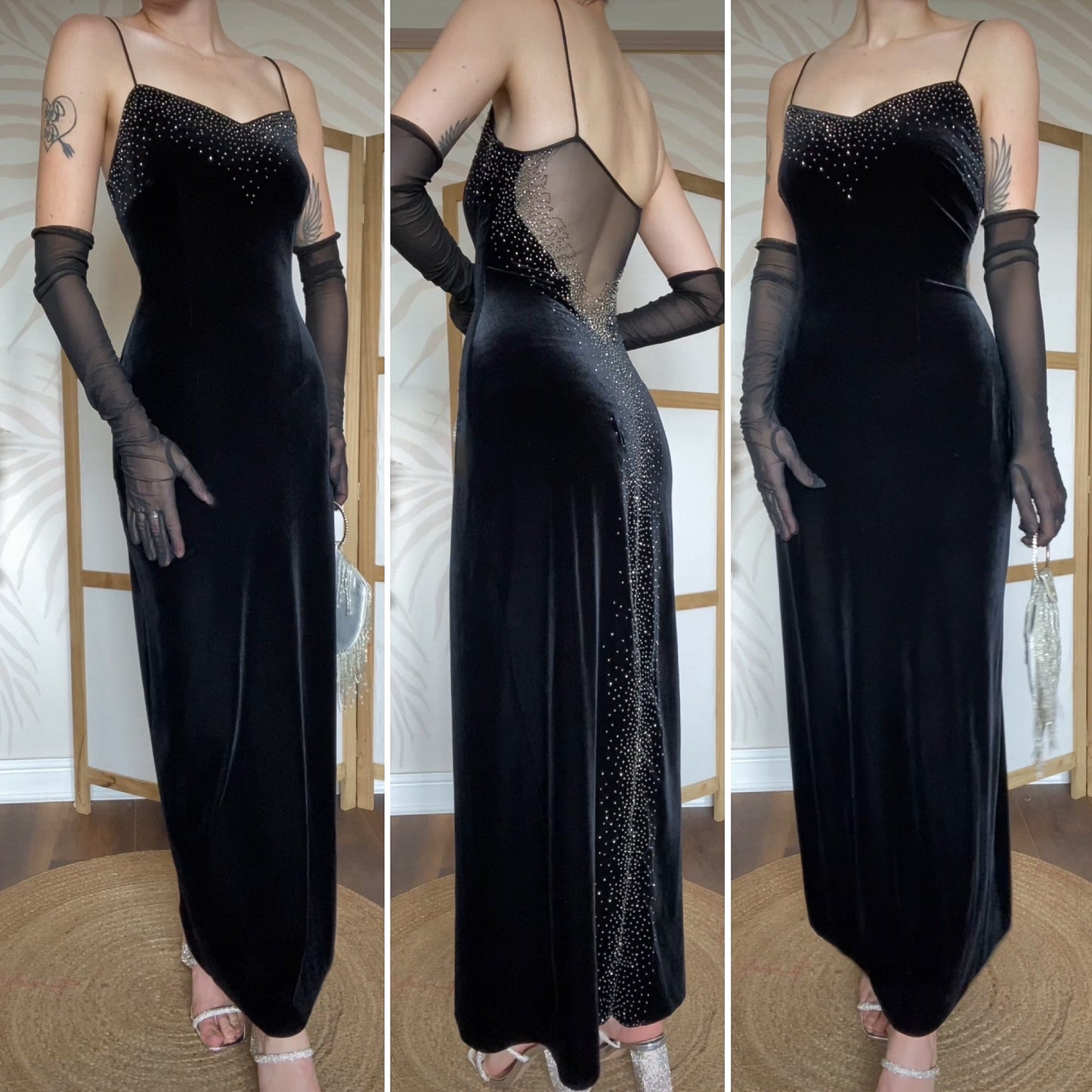 Dave & Johnny black velvet stretch beaded evening dress uk 10