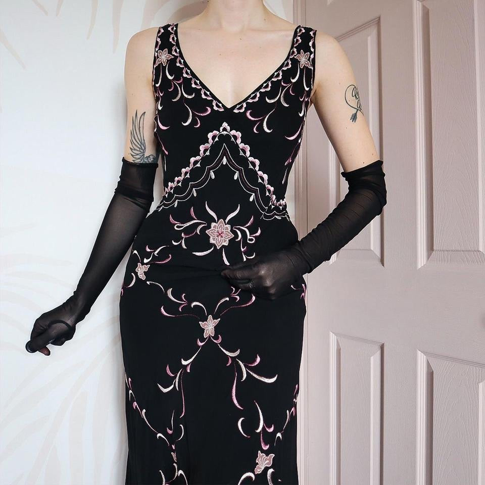 Black 100% silk embroidered midi dress UK 14