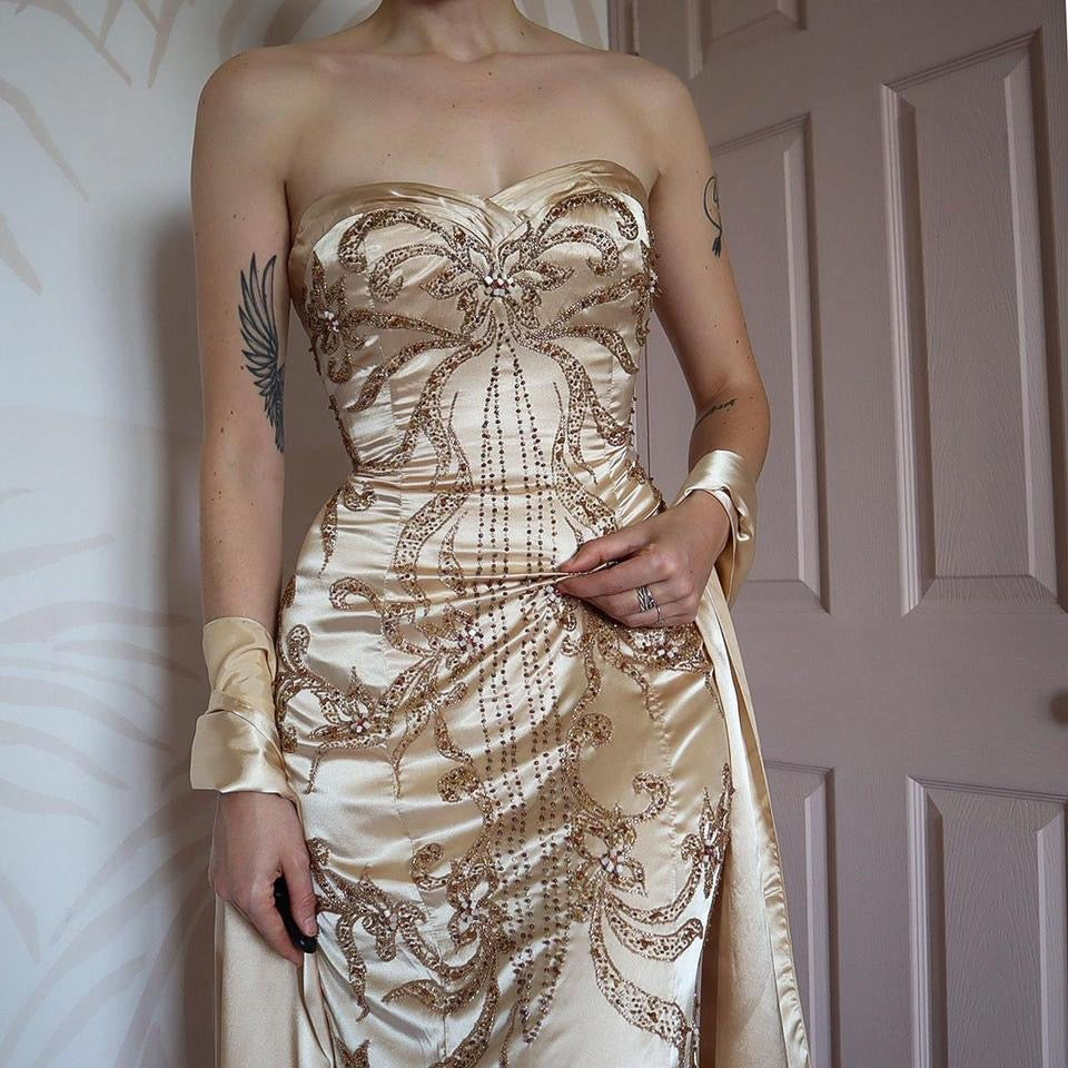 YVE London gold beaded strapless gown & shawl UK 12