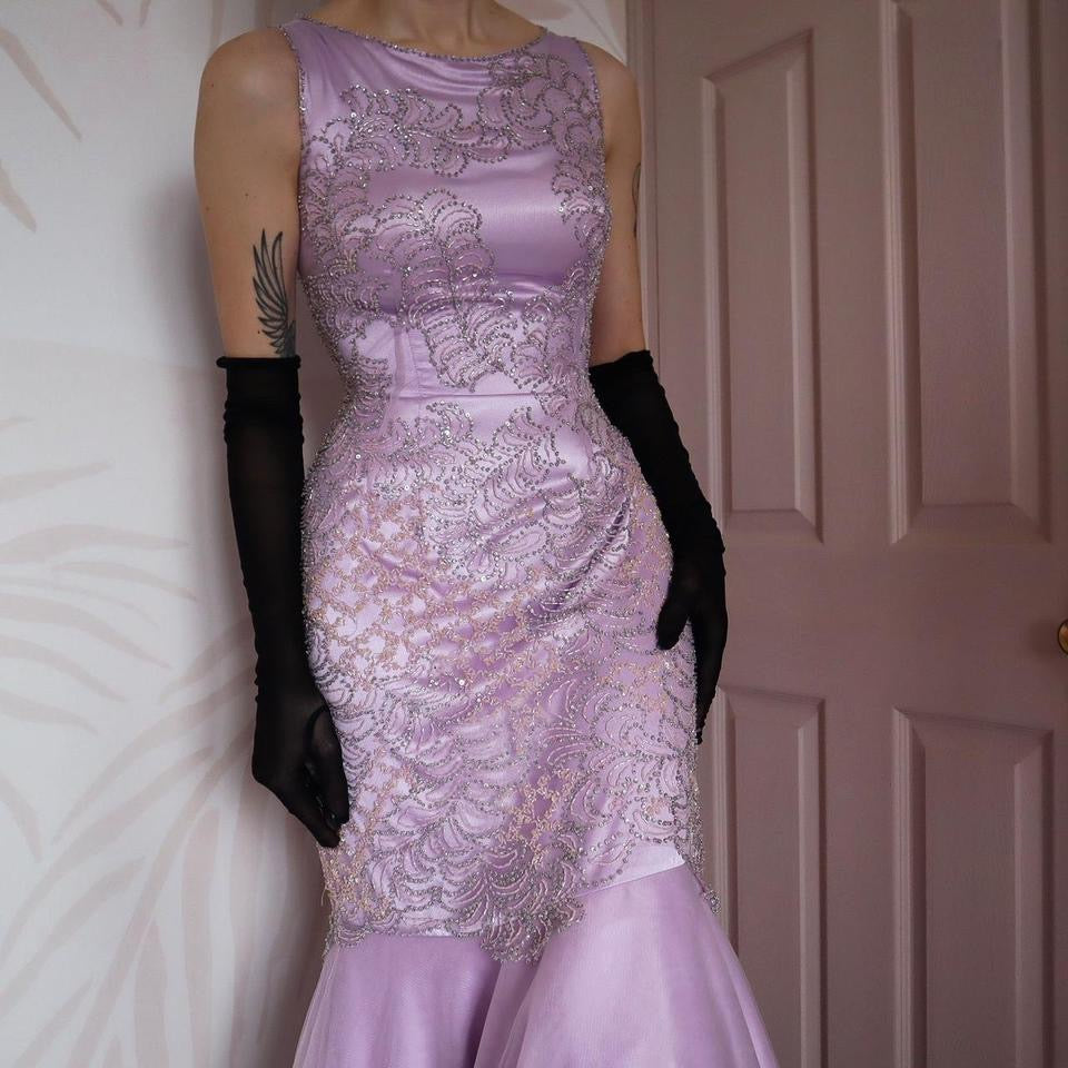 Lilac beaded Goya fishtail prom dress UK 10