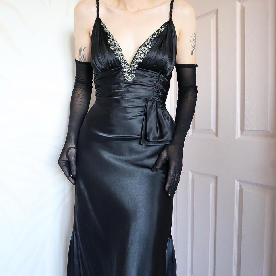 Dave & Johnny 90s Black Satin Evening Gown Prom Dress UK Size 8, 10 & 14