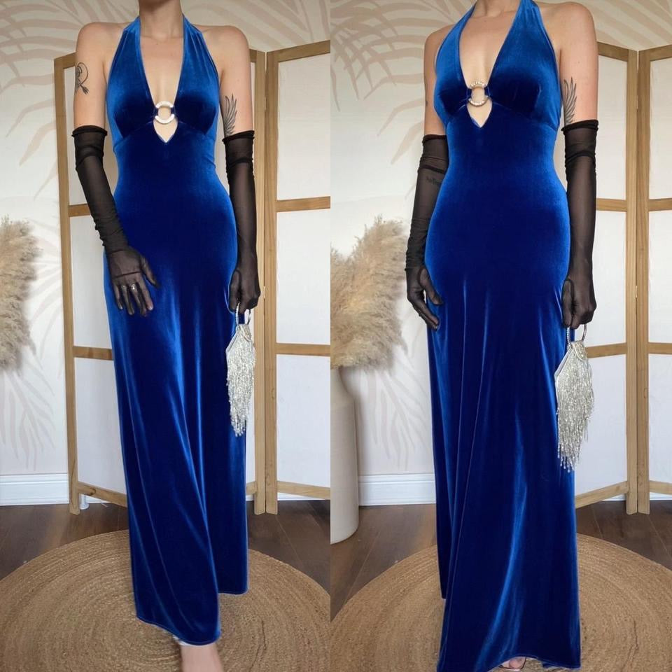 Zum Zum blue velvet halter-neck evening dress uk 12