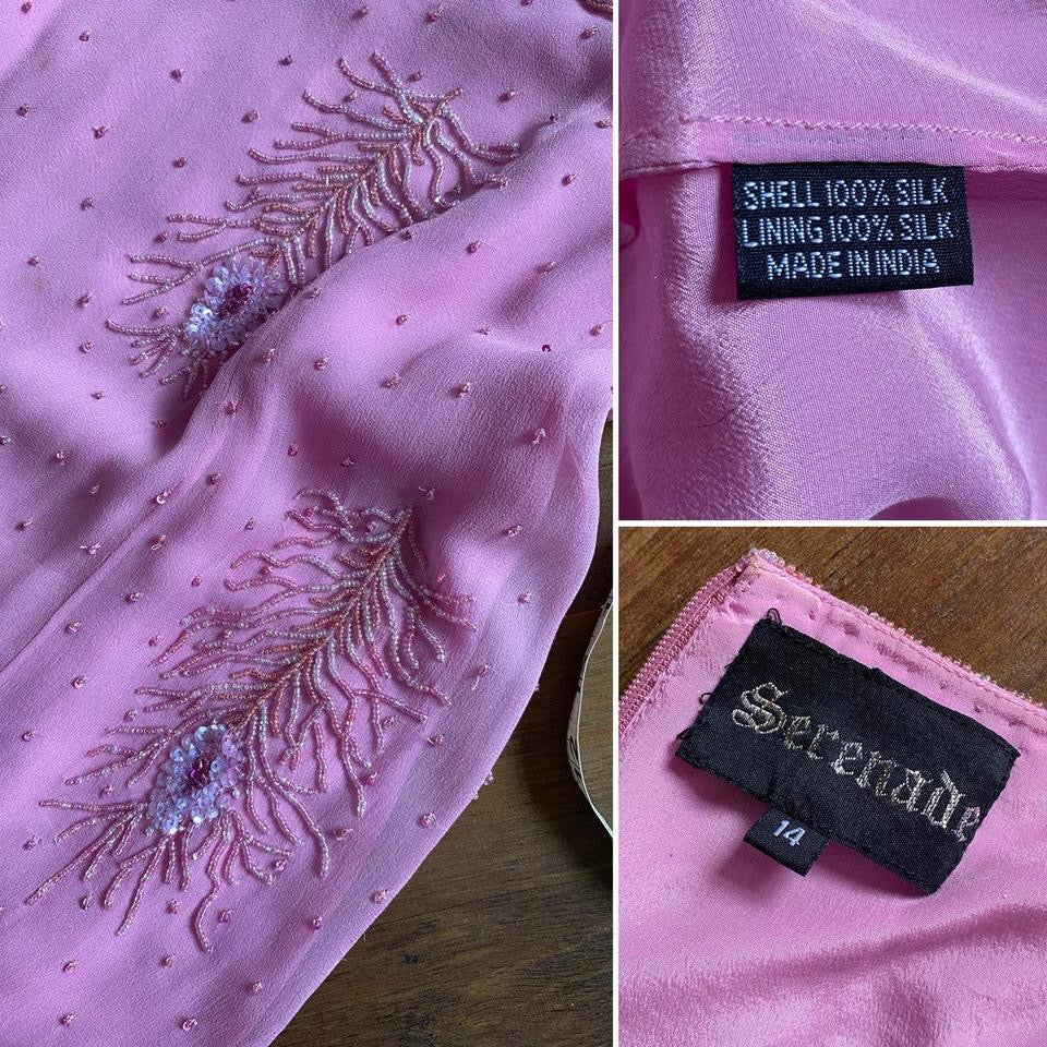 Baby pink 100% silk beaded evening dress uk 12-14