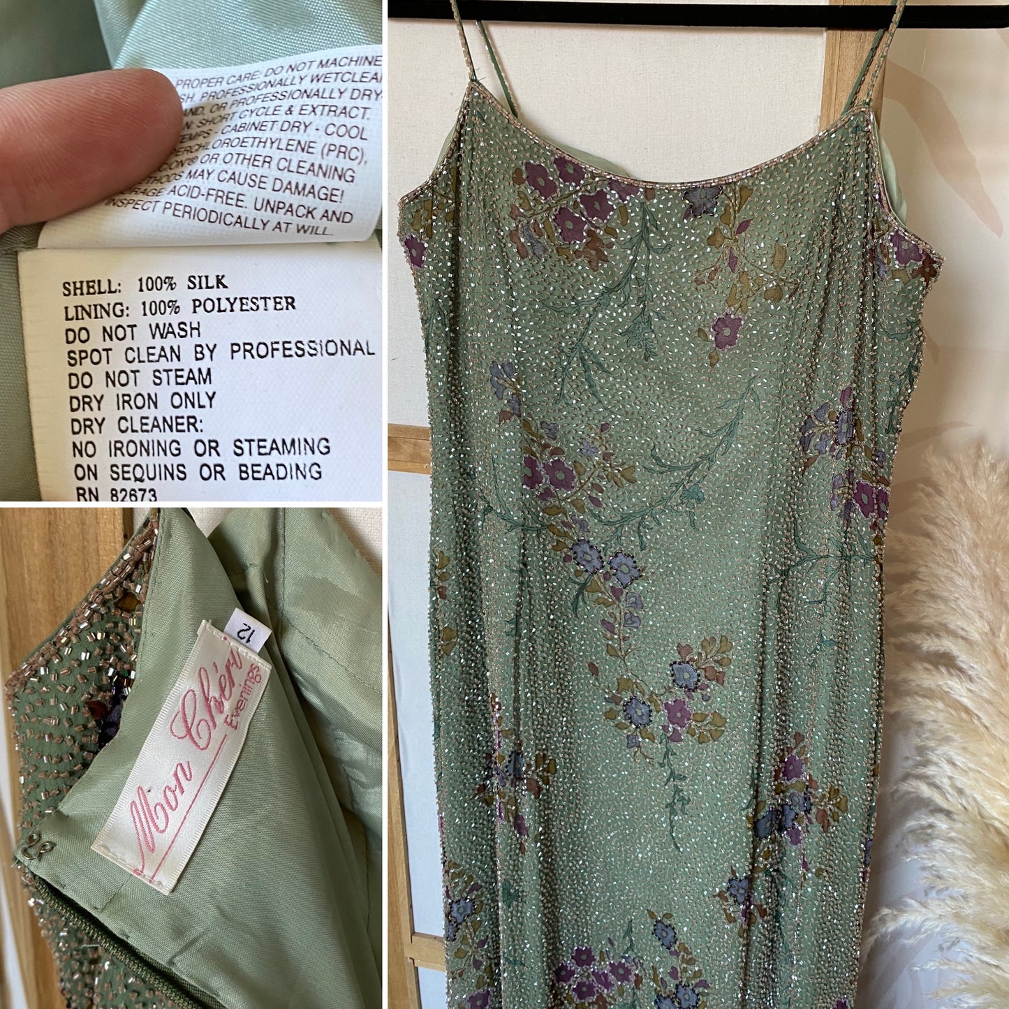 Mon Cheri green silk beaded dress & shawl uk 12