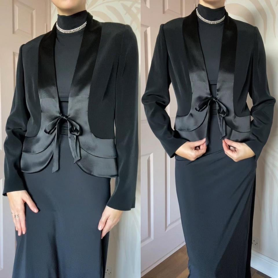 Black satin tie front evening jacket UK 10