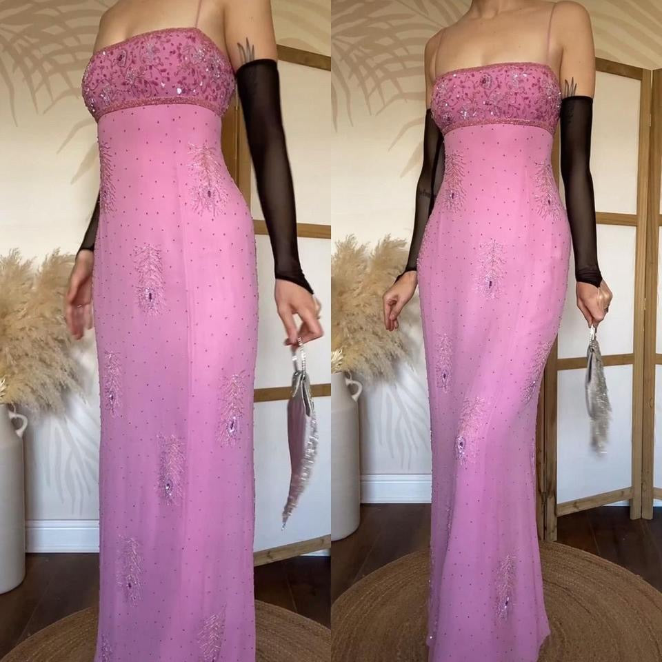 Baby pink 100% silk beaded evening dress uk 12-14