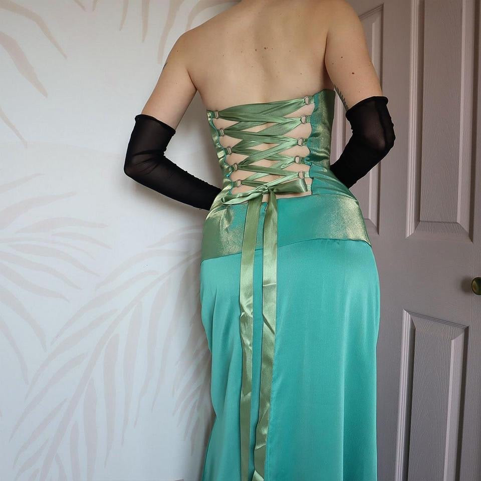 Teal strapless lace up evening gown UK 10