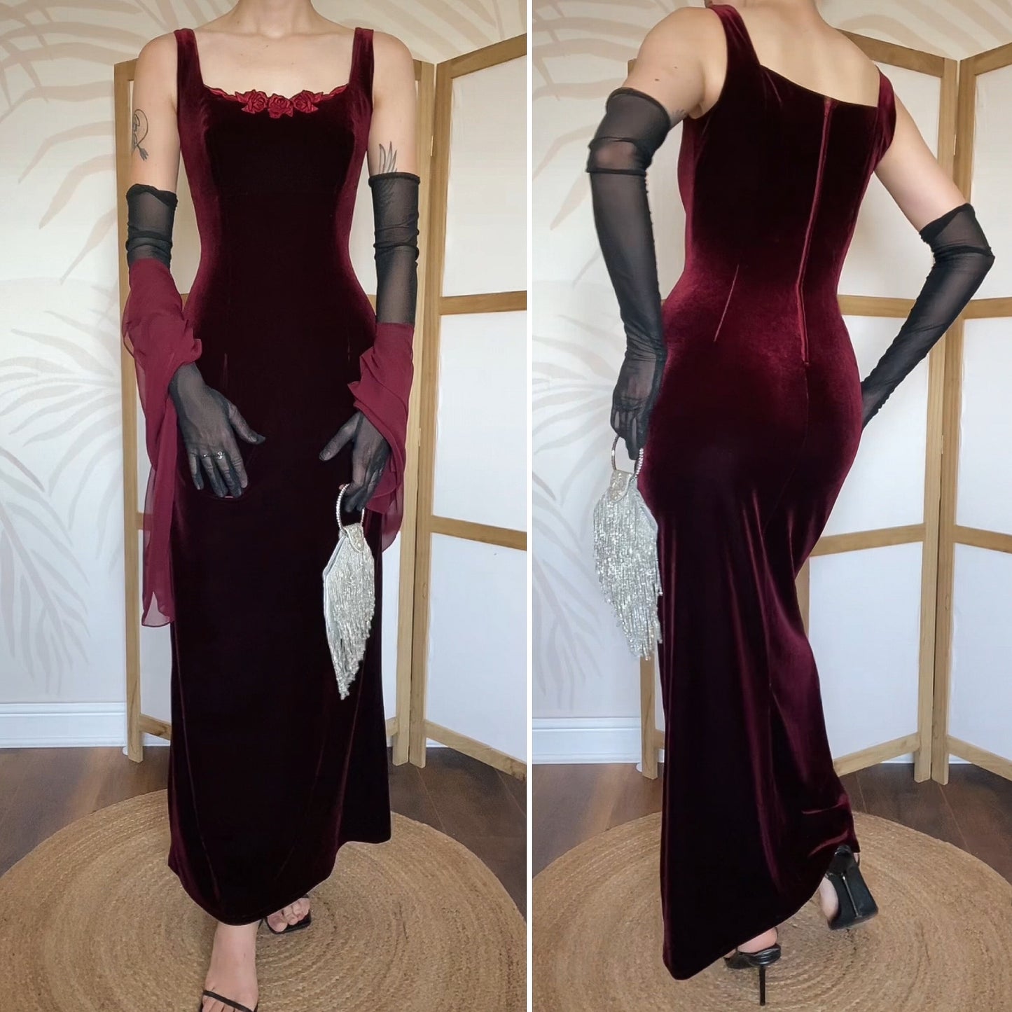 Red velvet stretch evening dress & shawl uk 10