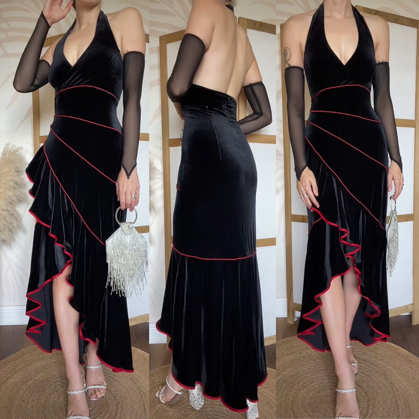 Vintage Niki Livas black velvet halter neck gown UK 14