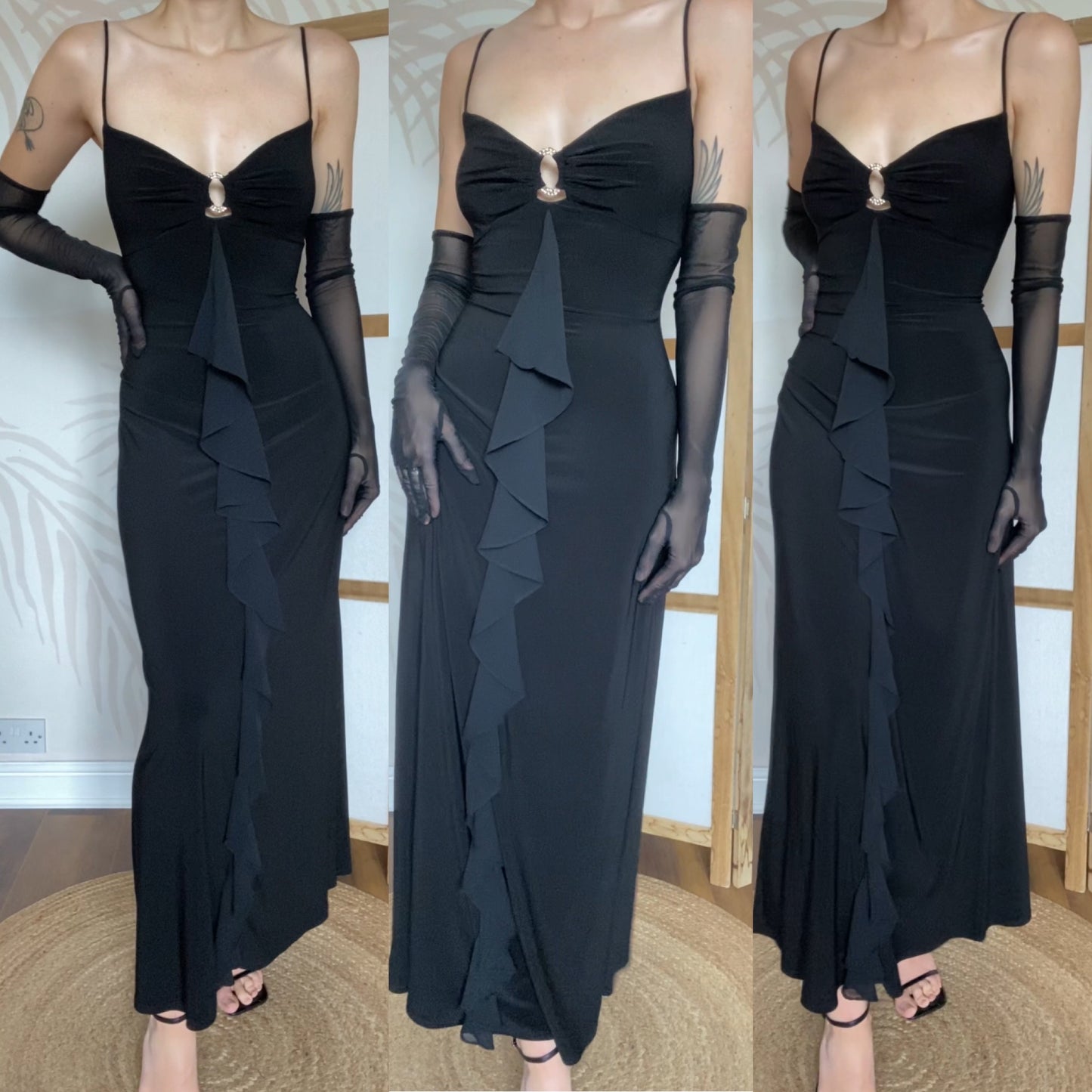 Black 90s stretch frill slip dress UK 12-14