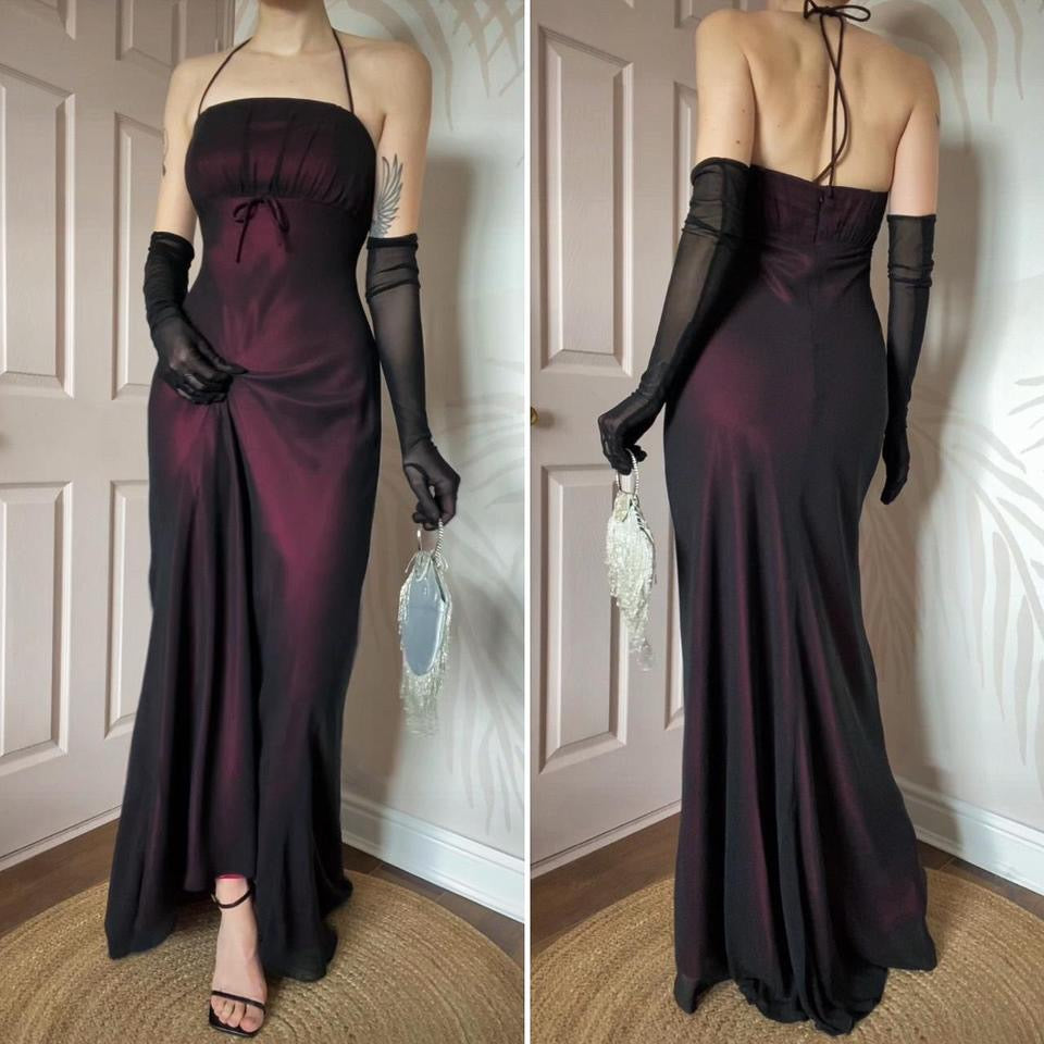 Pink & black halterneck evening dress UK 12