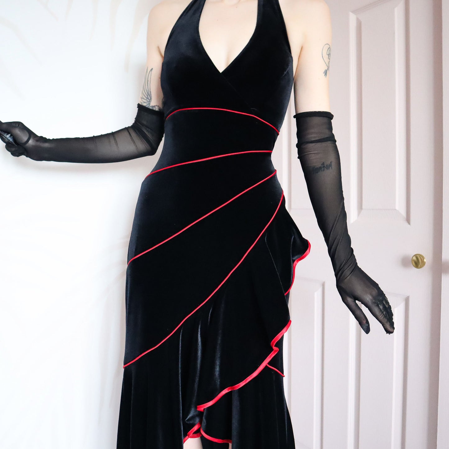 Vintage Niki Livas black velvet halter neck gown UK 12 & 14