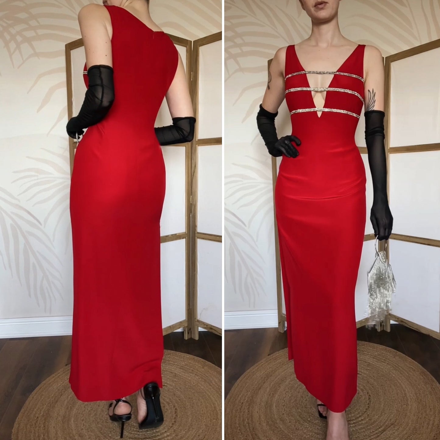 Red Dusk low cut diamanté evening dress uk 12