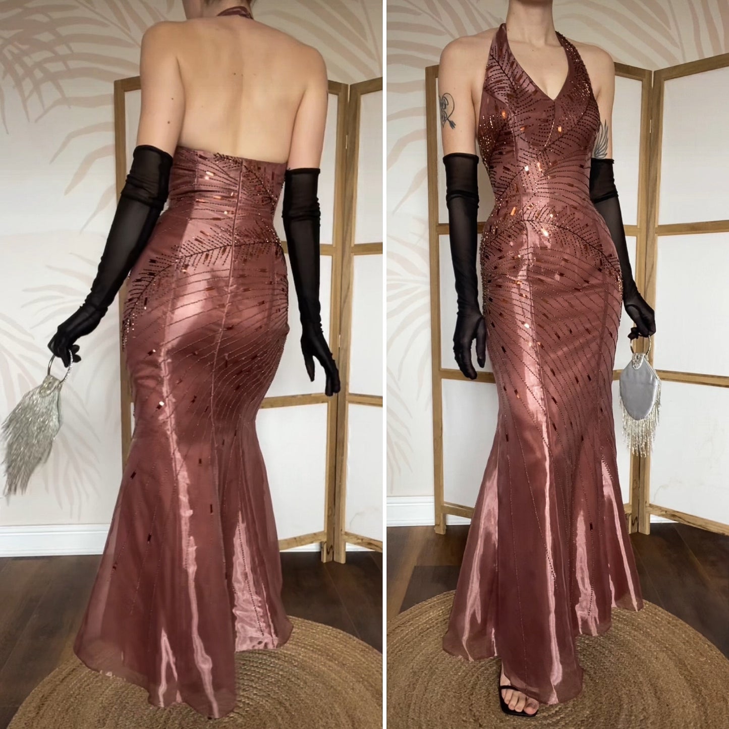 Yve London rose gold beaded halter evening dress UK 12
