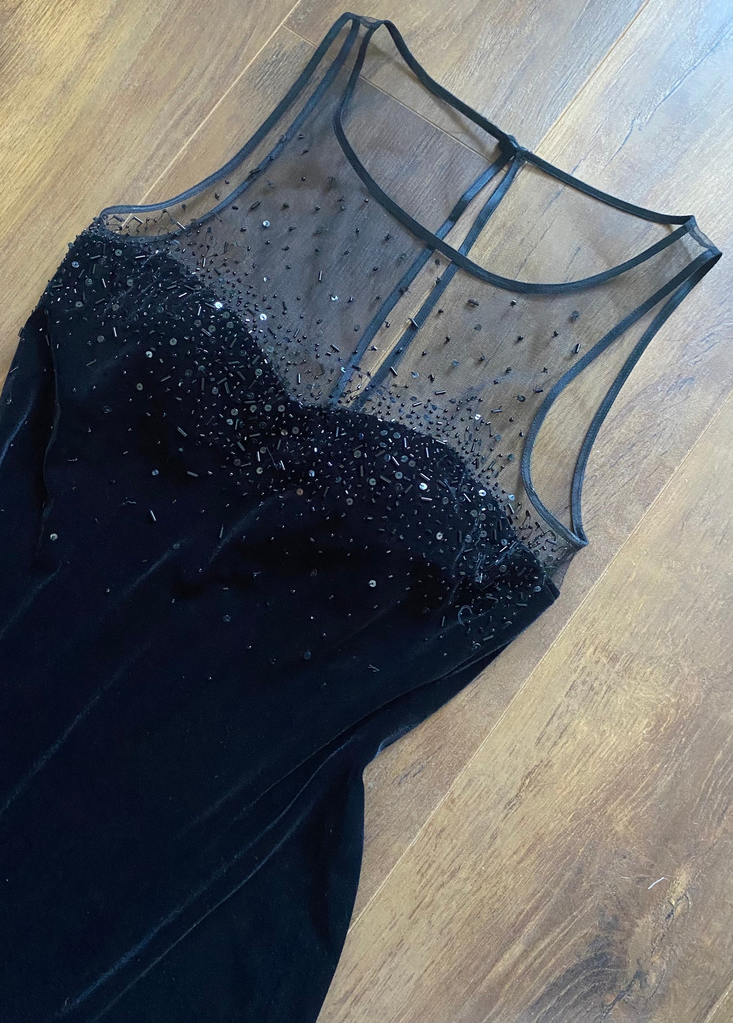 Black velvet Debut stretch beaded evening dress uk 12