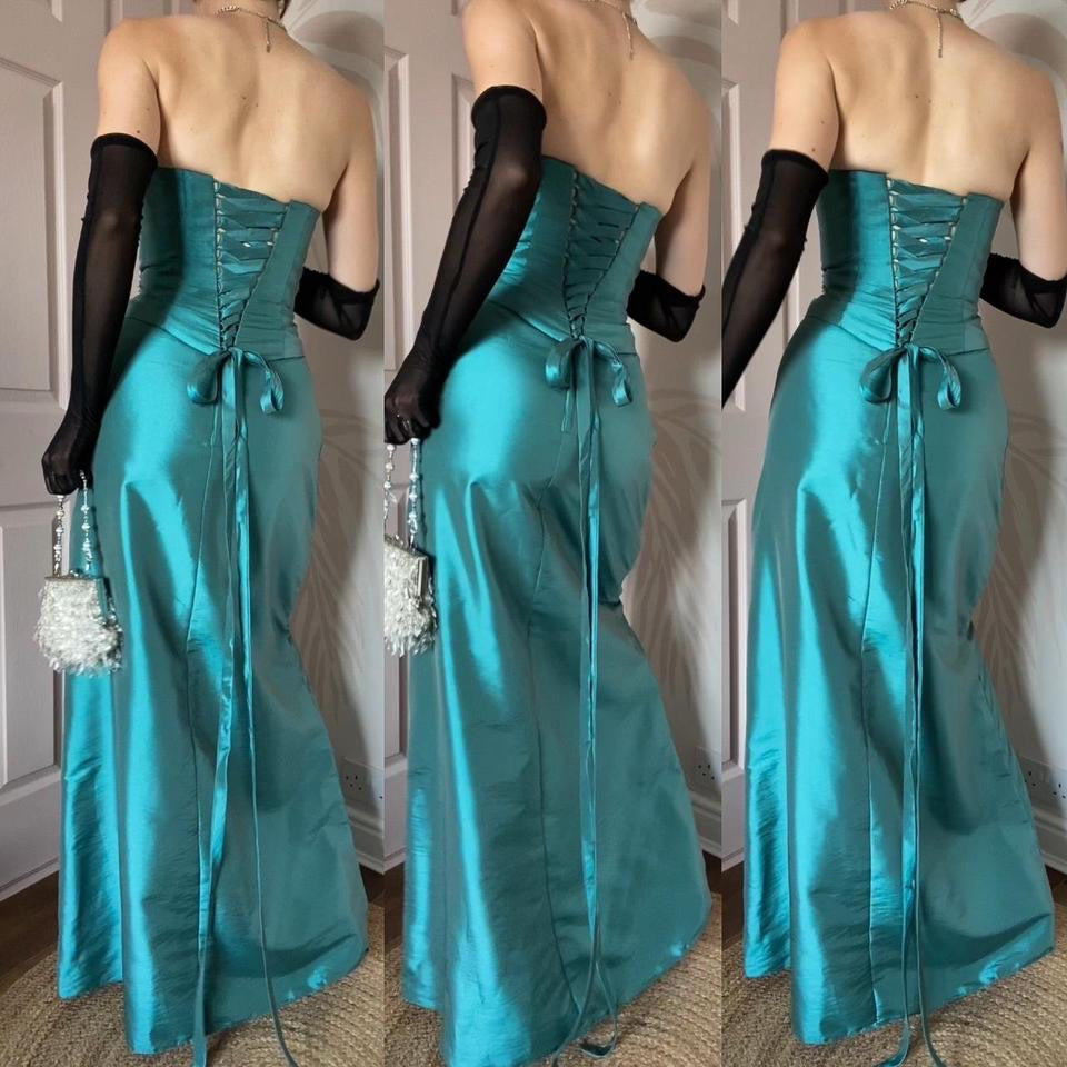 Teal Hilary Morgan strapless gown & shawl UK 12