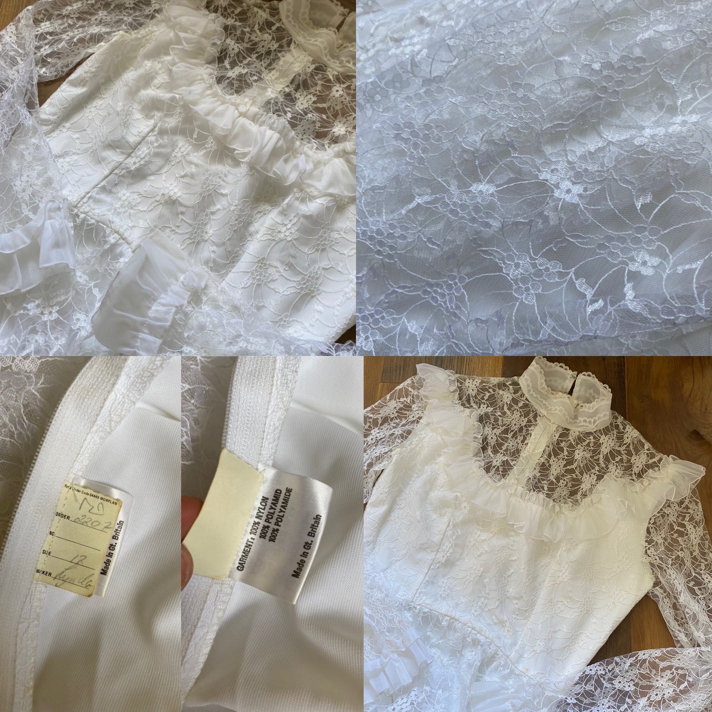 White 70s lace long sleeve high neck wedding dress UK 10